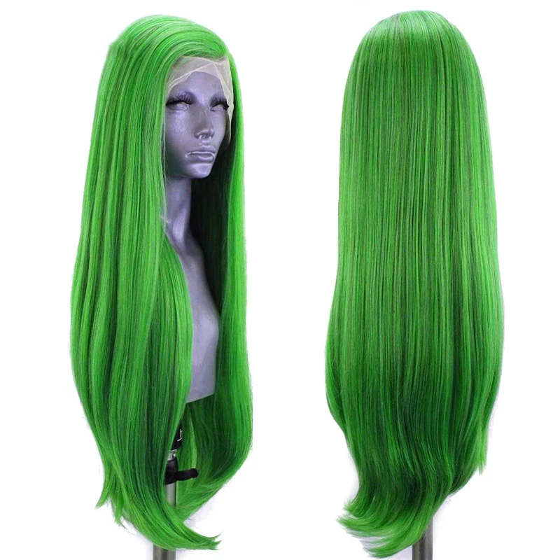 Peluca de cabello sintético liso sin pegamento para mujeres negras, Color verde, fibra de alta temperatura, rayita Natural, Cosplay