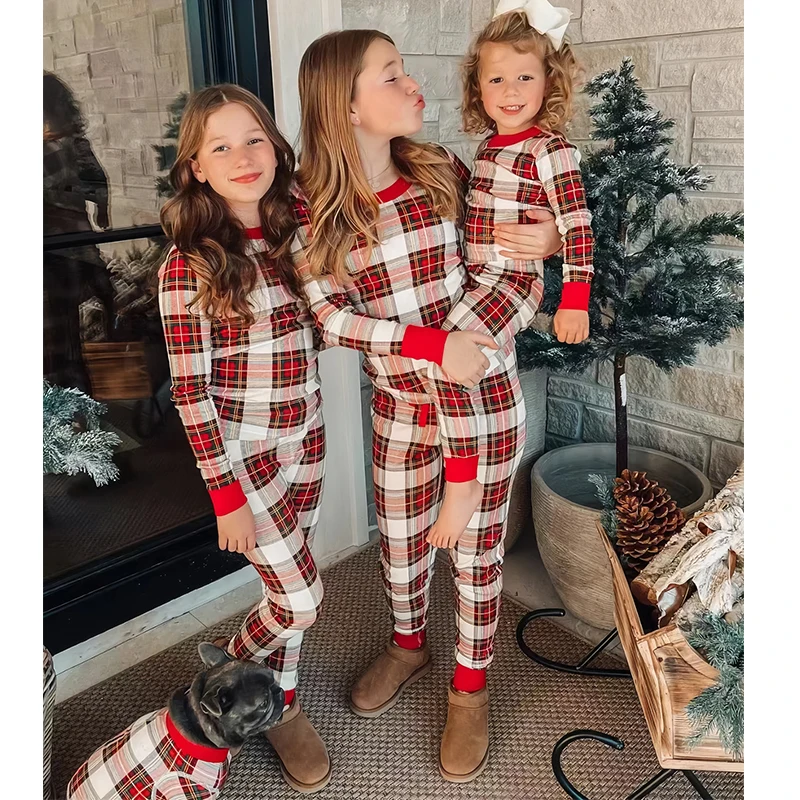 Fashion Plaid Print Christmas Family Matching Pajamas Set Parents Sibling Couple Casual Home Women Men Boy Girl Baby Loungewear