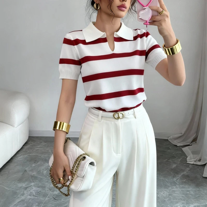 Women's Daily Summer Knit Blouse Red Striped Short Sleeve Thin Elastic Lightweight Breathable Women's Clothing Knitted Crop Top