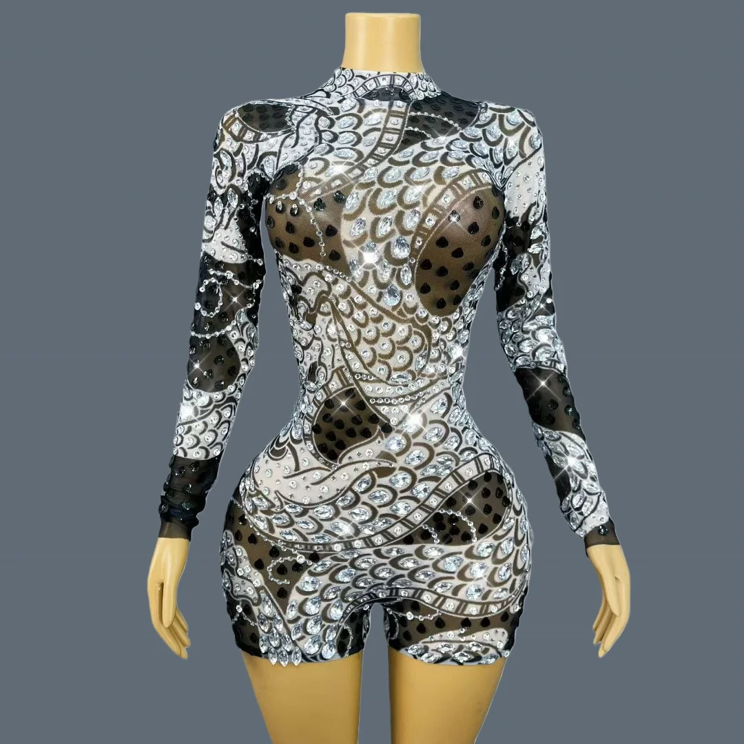 

Sparkly Rhinestone Long Sleeves Catsuit Bodycon Bodysuit Festival Celebrate Party Dance Wear See Through Mesh Outfit Heijiaolong
