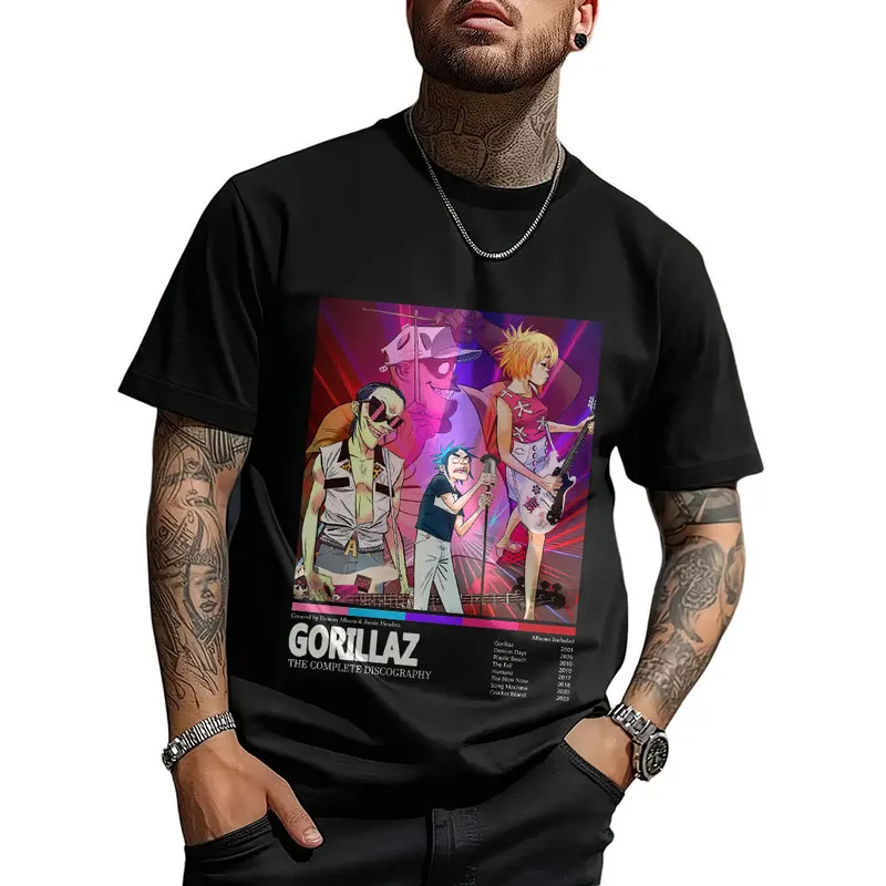 Gorillaz Virtual Rock Band Graphic T‑shirt Unisex Vintage Y2K Tee Hip Hop Streetwear 0824 Casual Cotton Tops S-6XL Fan Gift