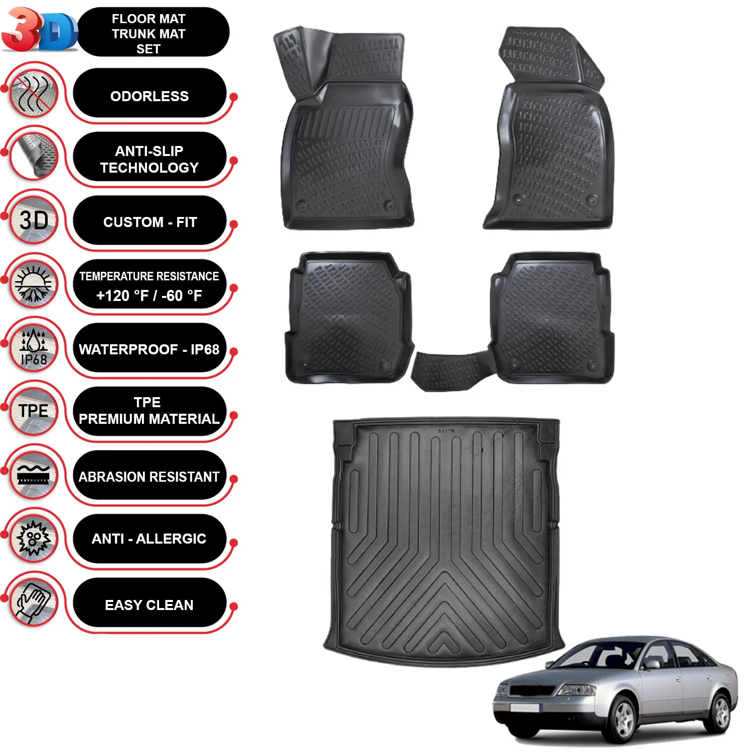 Audi A6 C5 - (1997-2004) - Floor Mats + Cargo Trunk Liner - SET - (Black)