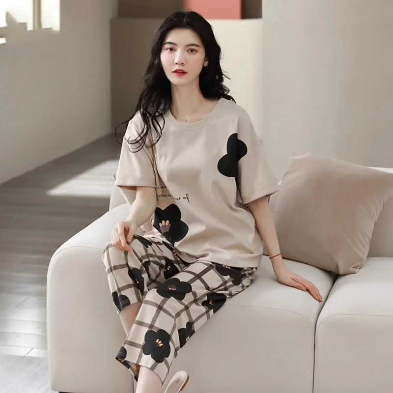 

Women's Summer Nightwear Set Short-Sleeved Blouse with Cropped Trousers Plus Size Literary Style Checked Set Loungewear Set