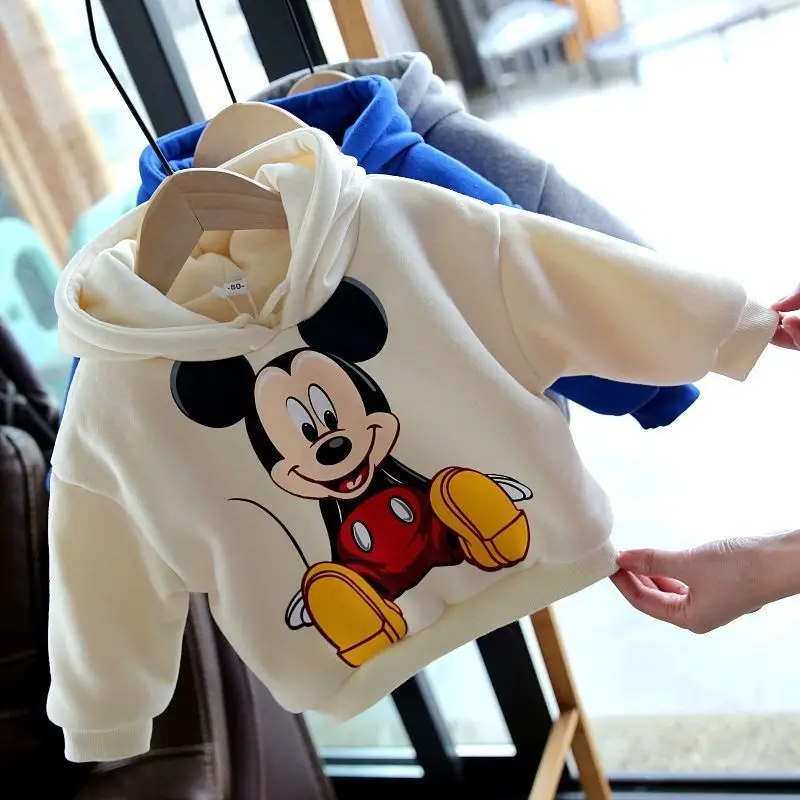 Winter Kids Plus Cashmere Mickey Mouse Hoodie Fall Boys and Girls Thick Warm Cute Long Sleeve T-shirt Kids Casual Clothing