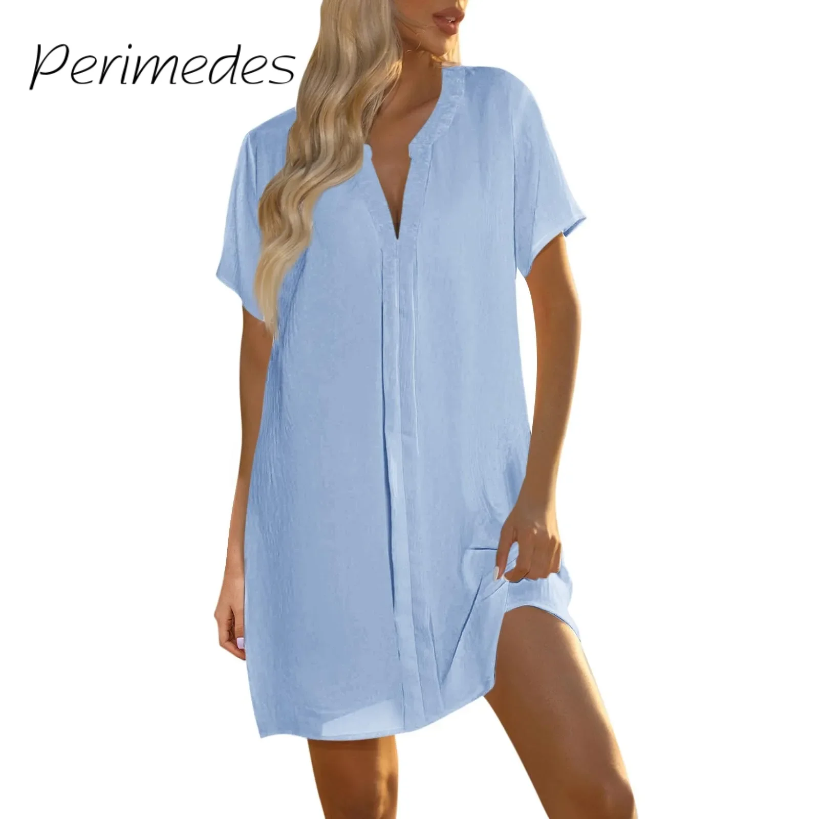 Robe Chemise Décontractée à Col en V pour Femme, Tenue Courte à la Mode, Couleur Unie, Collection Été 2024