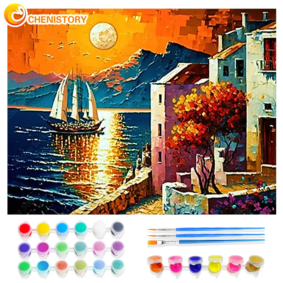 

CHENISTORY Coloring By Number Abstract Kits DIY Frame Drawing On Canvas Gift Sunset Landscape Picture HandPainted Home Decor