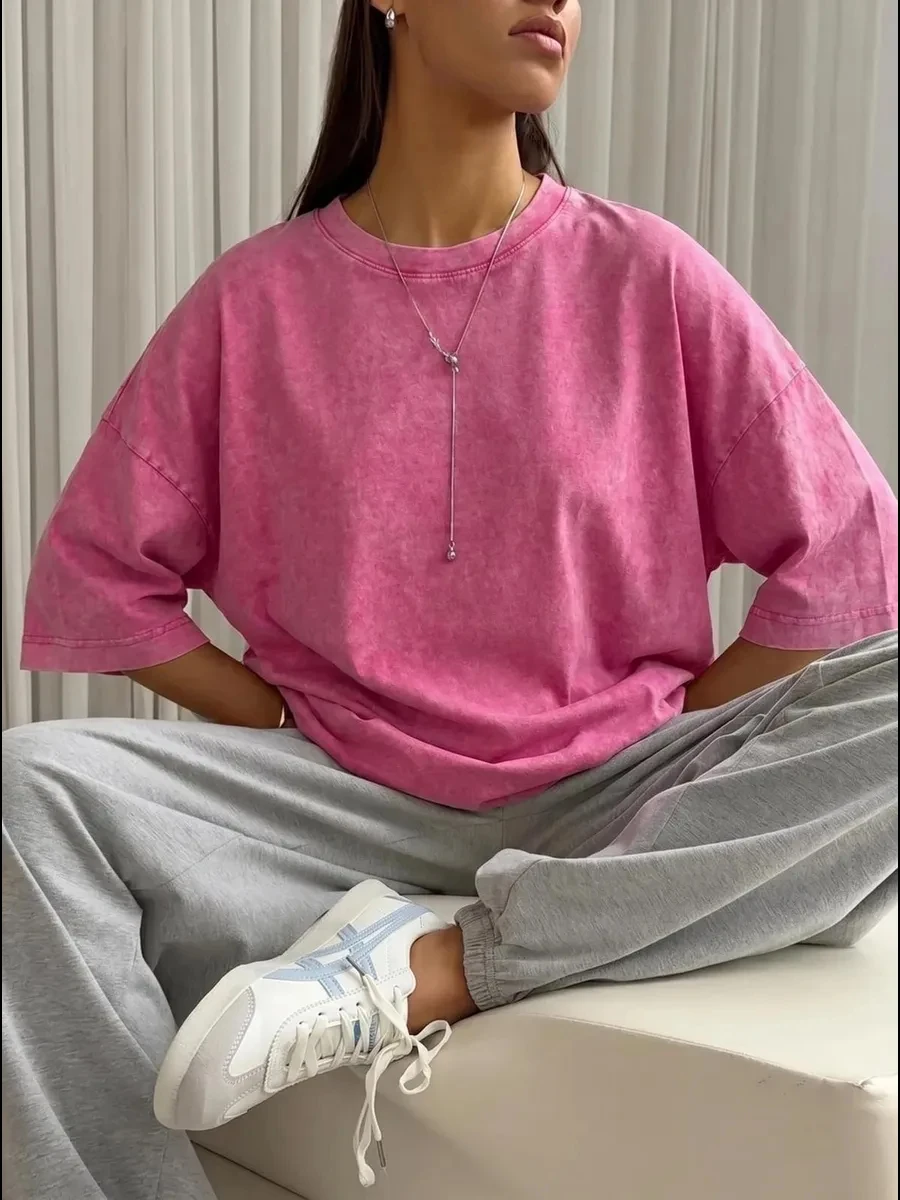 Womens Solid Washed T-Shirts Summer Cotton Short Sleeve Tops Casual O-Neck Comfortable Tees Fashion Street Oversized Clothes