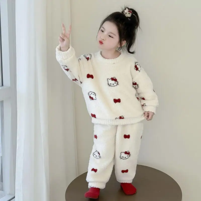 

Sanrio Hello Kitty Winter Pajamas 2-Piece Set Girl Thicken Pullover Pants Child Kawaii Anime Cartoon Fashion New Casual Homewear