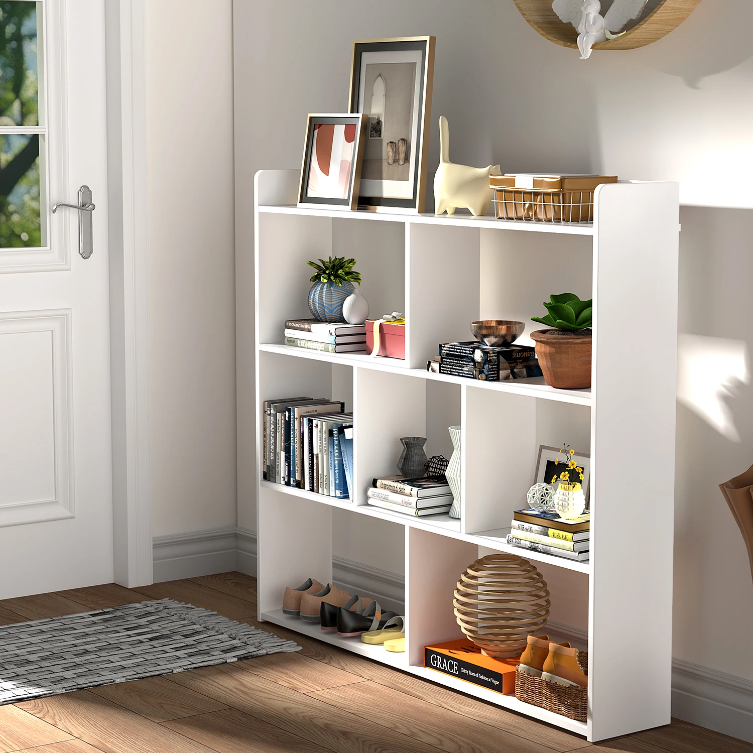 وحدة تخزين مكونة من 3 طبقات و7 مكعبات وخزانة كتب ومنظم أرفف المكاتب المنزلية باللون الأبيض