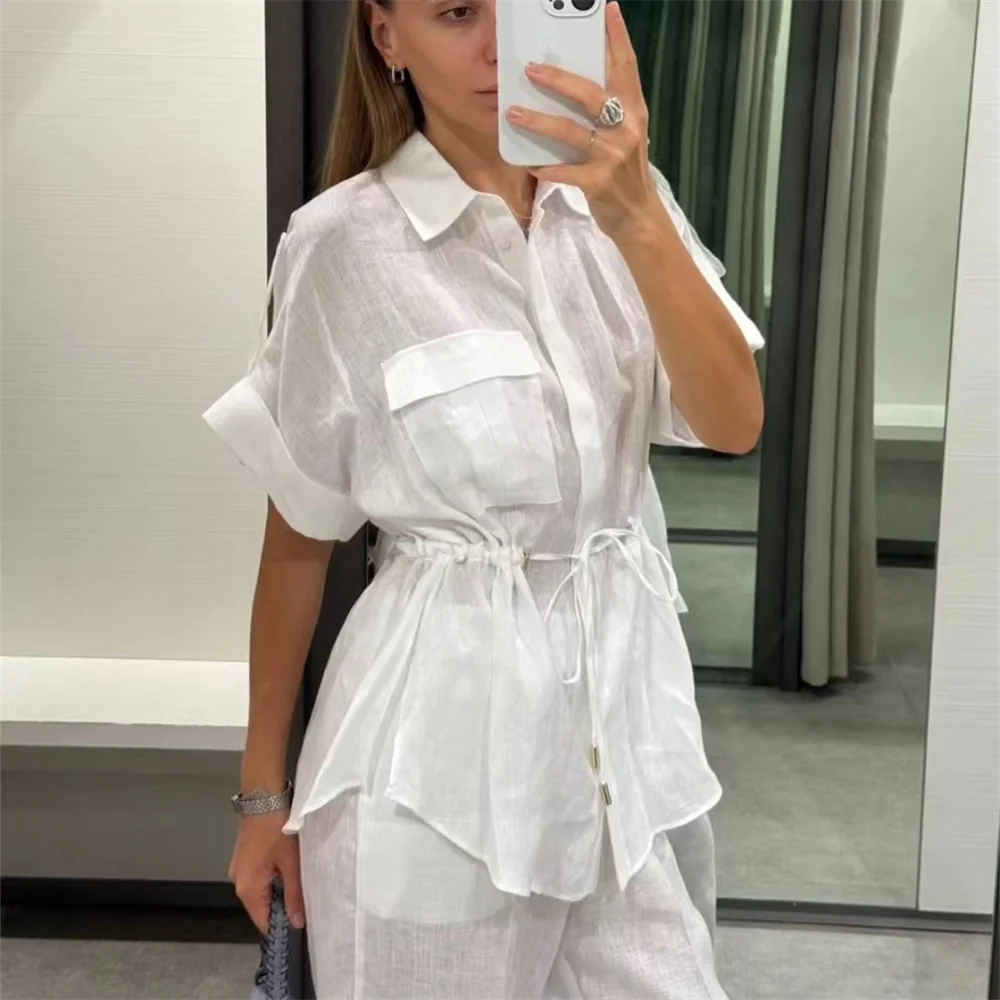 European And American Style 2024 Women\'s Clothing New Fashion Solid Color Lapel Short Sleeved Shirt High Waisted Pants Set