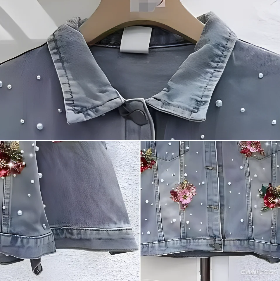Women's 2025 Spring Autumn New Embroidered Flower Denim Jackets Trendy Loose Versatile Casual Tops Female Beading Denim Coats