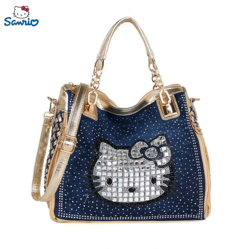 

2024 New Sanrio Hello Kitty Denim Canvas Studded Bag Woven Portable Shoulder Bag Large Woven Bag Girlfriend's Birthday Present