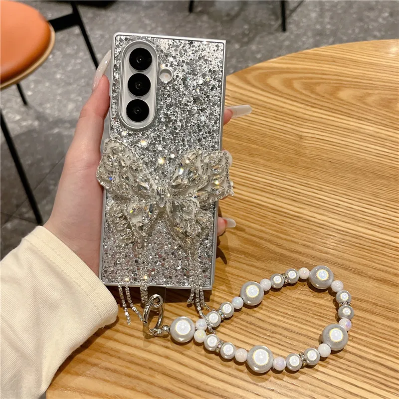 

Для Samsung Galaxy Z Fold 7 6 5 4 3: Роскошный чехол-накладка с блестками, 3D-бабочками, стразами и цепочкой-браслетом на запястье