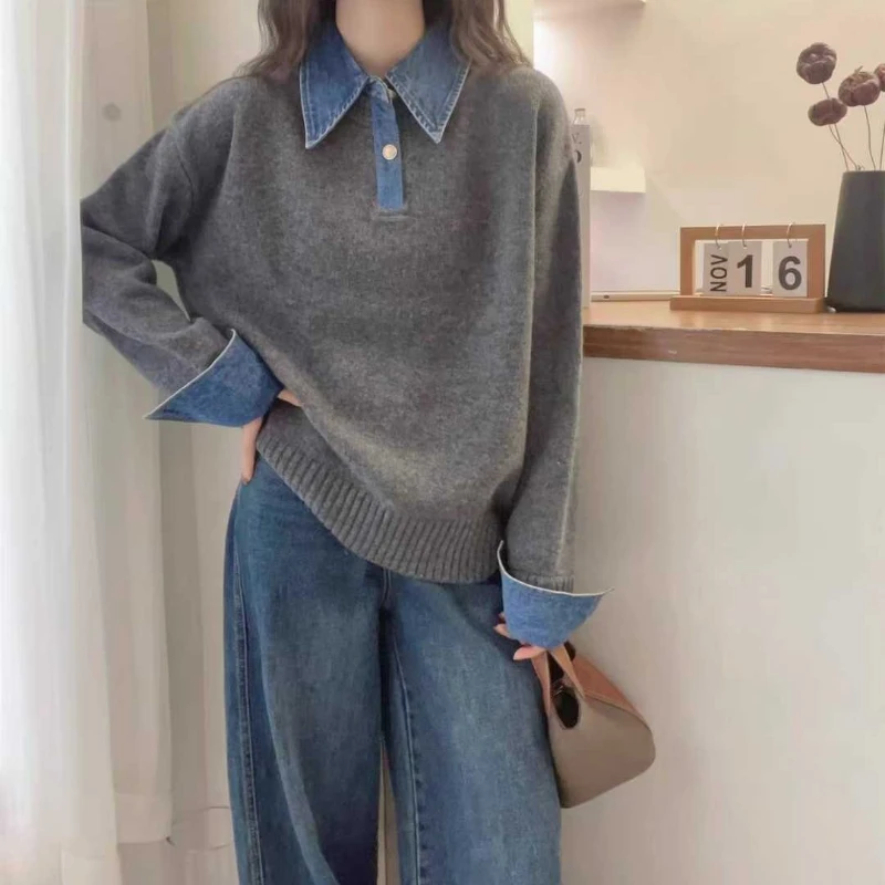 

Корейский стиль вязаный свитер женский осенне-зимний воротник-поло джинсовый лоскутный искусственный двухсекционный универсальный трикотаж топы верхняя одежда