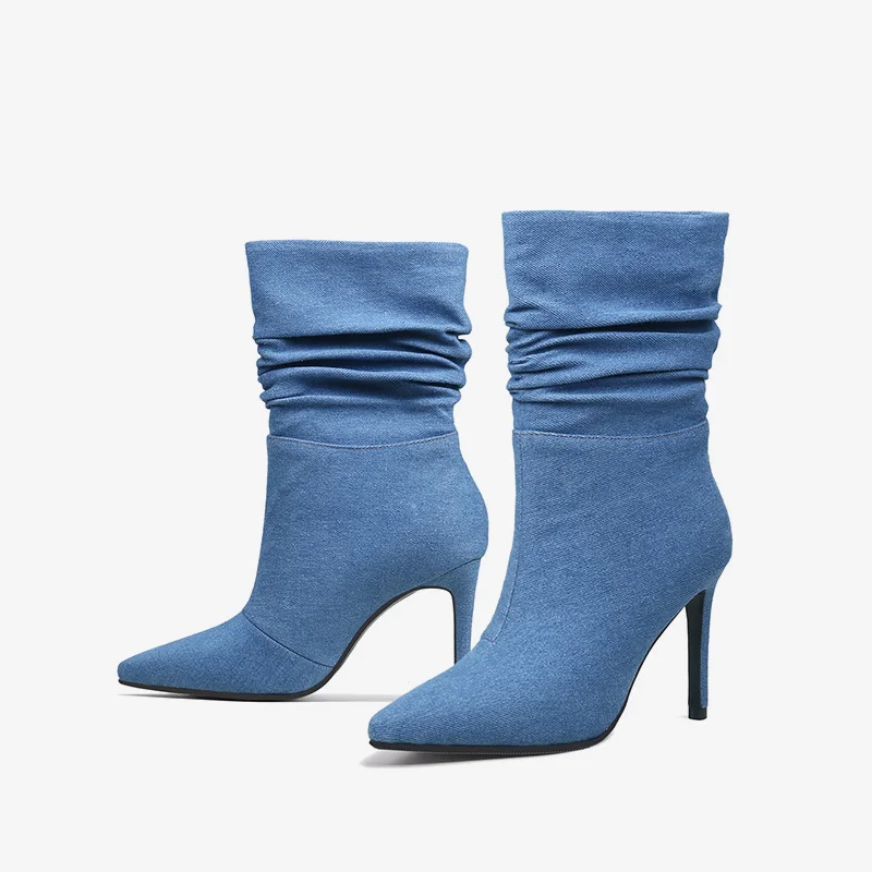 

Blue denim 9.5cm super high thin heels pointed toe keep warm denim elegant fashion daily wear cozy lady ankle boots HL484