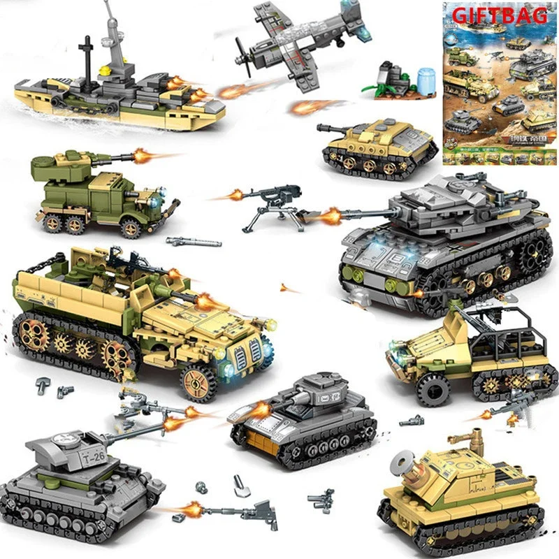 

New MIlitary Battle Empires Tank Aircraft Car Building Blocks Set 8IN2 German Weapon Creative Army WW2 Soldiers Kids Toys