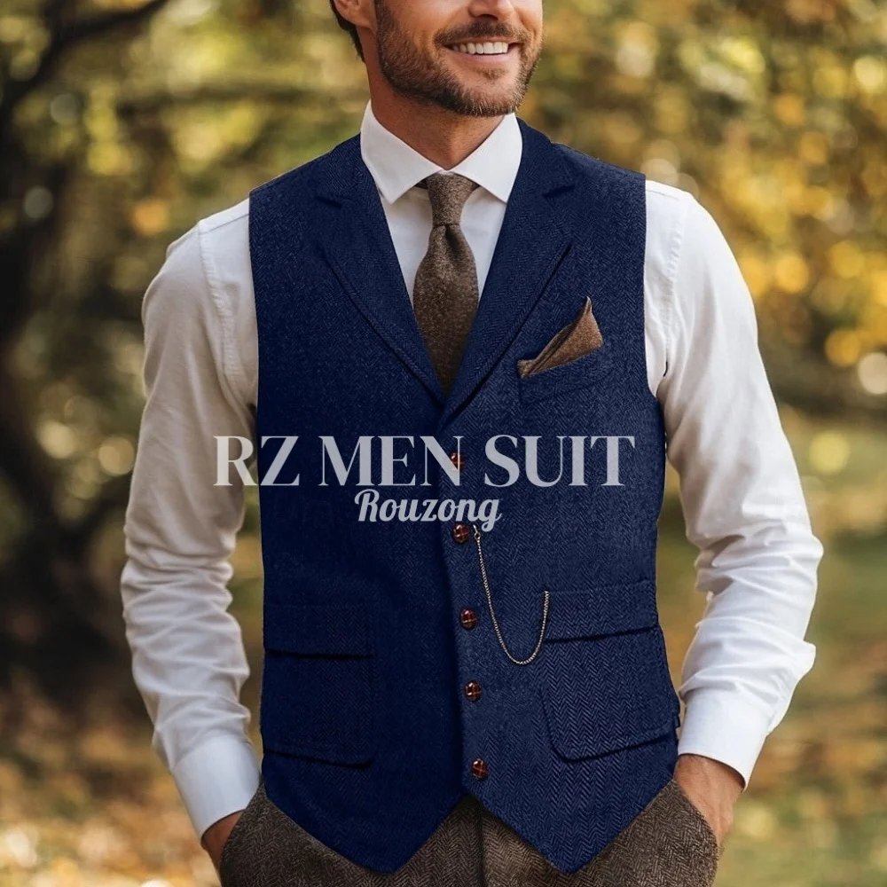Fotografia 5: Colete Masculino de Tweed com Estampa Chevron, Ajuste Padrão, Lapela Notch, Abotoamento Simples com Cinco Botões