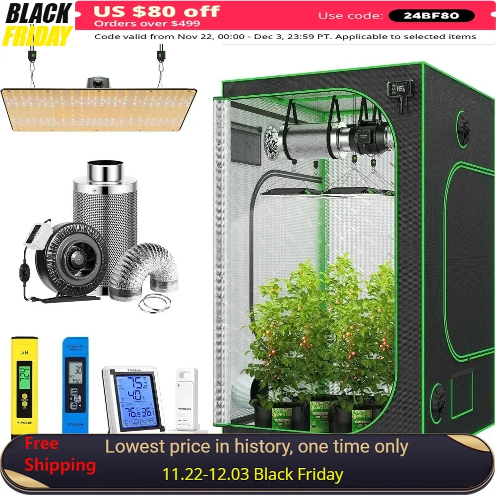 48” x 48” x 80” Grow Tent，VS2000 LED Grow Light, Inline Fan Combo, Digital Hygrometer Indoor Outdoor Thermometer，Grow Tent