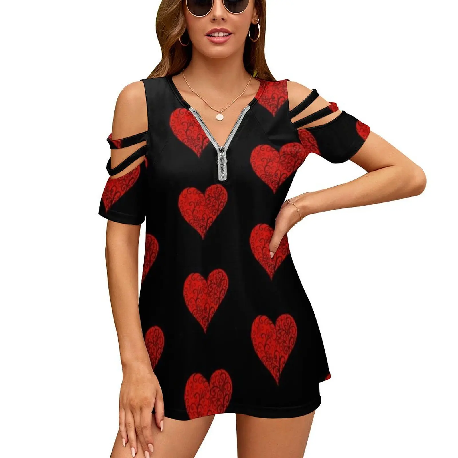 Red Heart With Black Swirls Women Zipper Various styles Printed T Shirts Tops Full Print T-Shirt Red Red Heart Heart Love Swirls