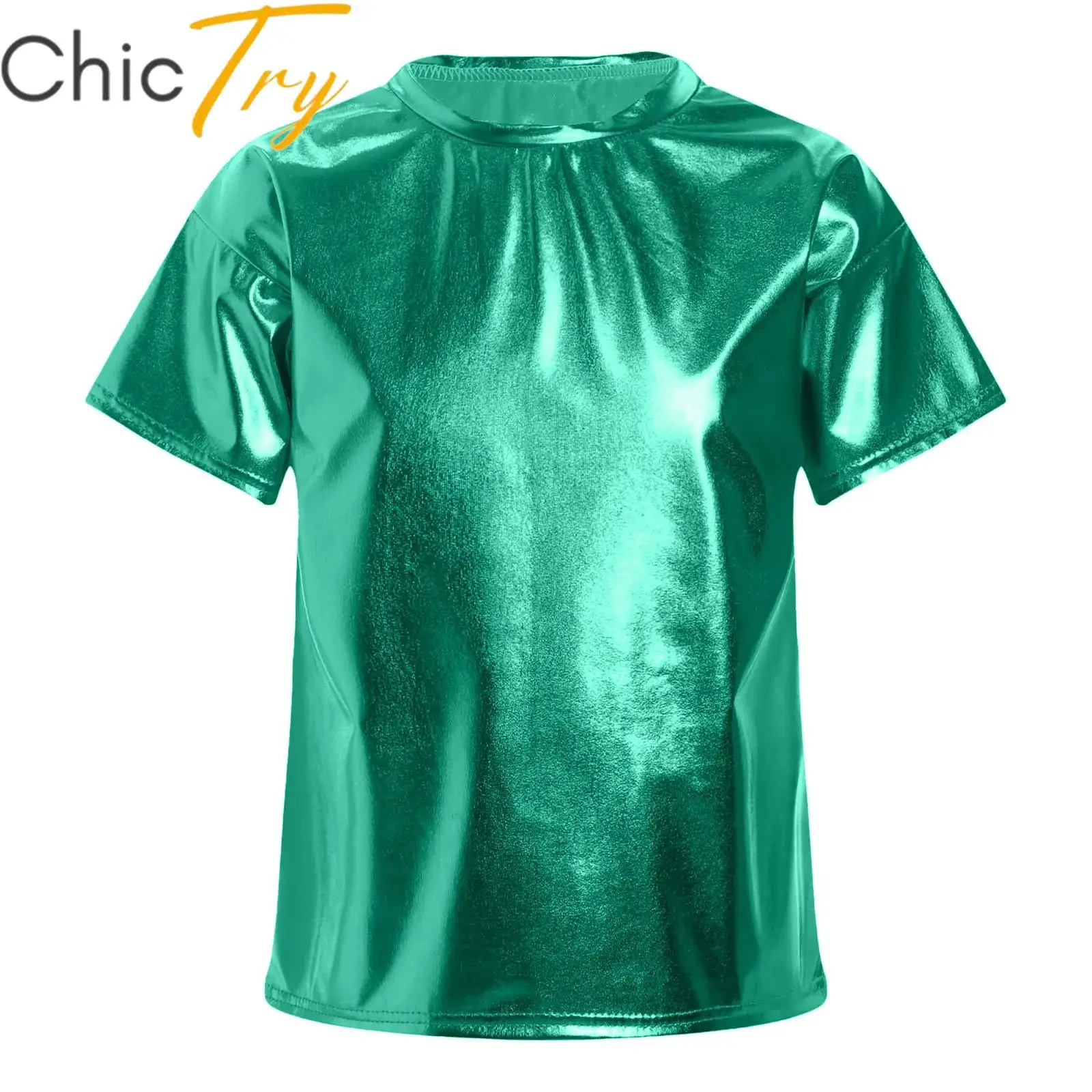

Kids Girls Boys T Shirt Jazz Dance Tops Metallic Shiny Short Sleeve Round Neck Modern Jazz Party Stage Performance Top Dancewear