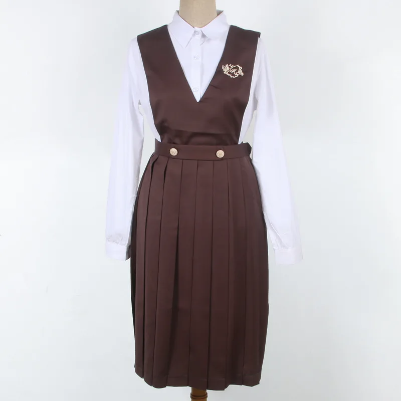 Japanese JK Uniforms School Dresses Girls Khaki Brown Sleeveless Waistcoat Pleated Skirt Suit Jacket Coat Anime Cosplay Costume