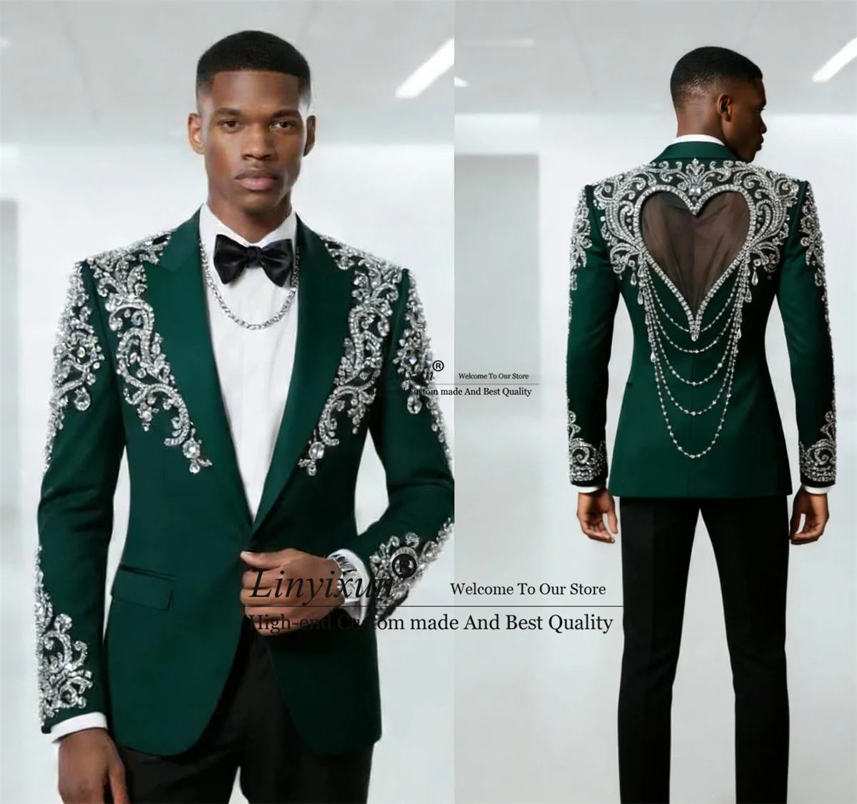 High End Stones Gem Men Suits 2 Pieces Sets Wedding Groom Fashion Tuxedos Customized Male Party Prom Blazers Slim Costume Homme