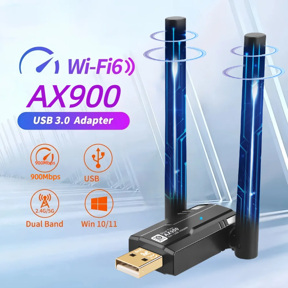 USB WiFi 6 Adaptador com Antena Dupla, Placa de Rede, AX900, Banda Dupla, 2.4G, 5G, 600m, PC, Laptop, Tablet, Controlador