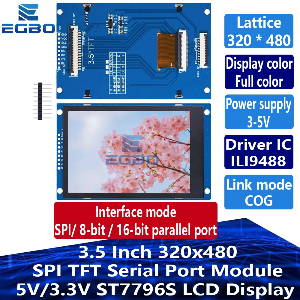 Egbo 3.5 Inch 320X480 Spi Tft Seriële Poort Module 5V/3.3V Pcb Adapter St7796 S Lcd-Scherm Voor Arduino