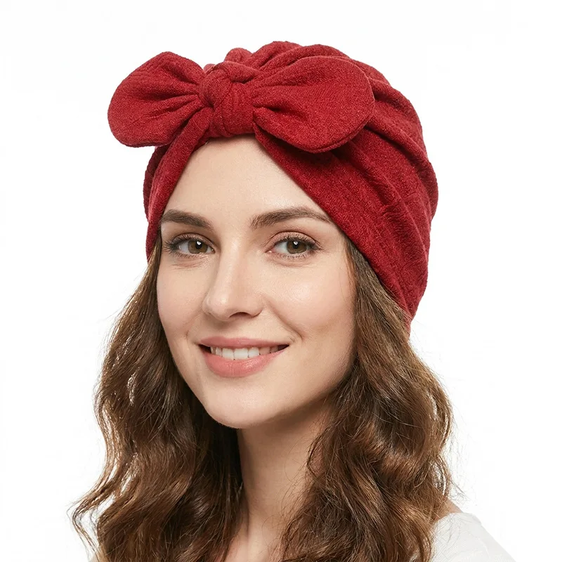 

New Women Solid Color Bow Knotted Turban Soft Elastic Muslim Hijab Bonnet Hair Loss Headscarf Wedding Party Headwear Wrap Cap