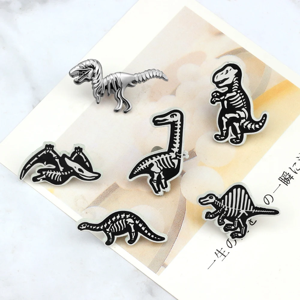 Punk Dinosaur Skeleton Brooch Jurassic Tyrannosaurus Pterosauria Enamel Pins for Kids Cretaceous Giant Animal Badge Jewelry Gift