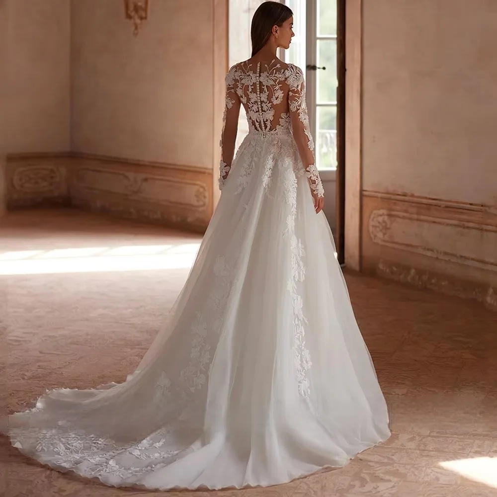 Robe de Mariée à Manches sulfet Col Rond, Personnalisée, Transparente, avec Appliques, Traîne, Ligne A, 2025