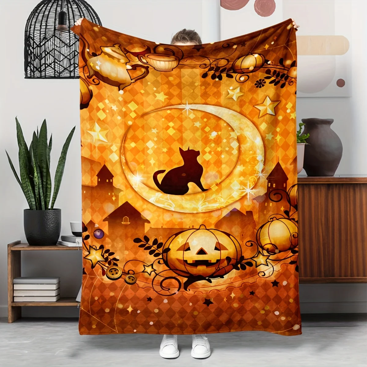 

1pc Pumpkin, black cat and moon pattern blanket, polyester fabric, machine washable, suitable for bedroom and living room