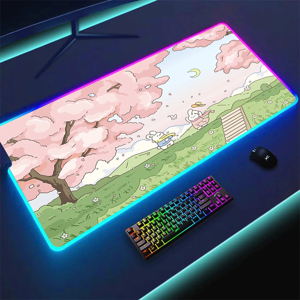 Backlight Gaming Mousepad Desk Rug RGB Gamer Colorful Mousepads Cute Kawaii Rabbit Mouse Pad LED Natural Rubber Mouse Mat 90x40