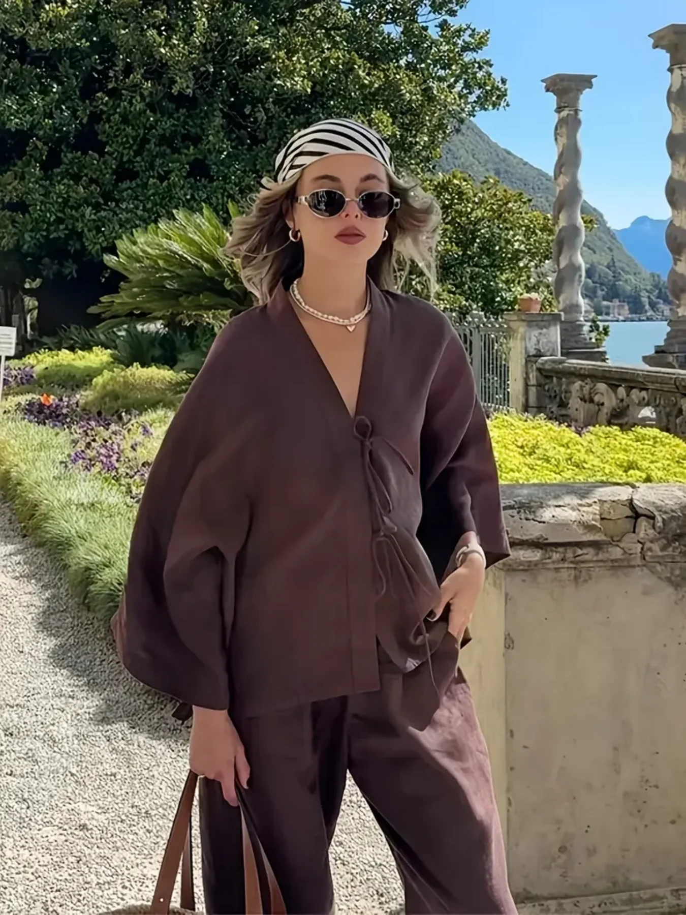 

Women's V-Neck Tie-Waist Loose Linen Set, Dark Brown, Lazy Style Casual Vacation Commute Two-Piece Outfit