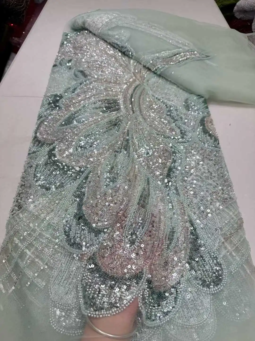 Tulle Lace Fabric 2025 Nigerian Heavy Handmade Beaded African Luxury Sequins And Pearls Net Lace Fabric For Bridal Wedding Dress