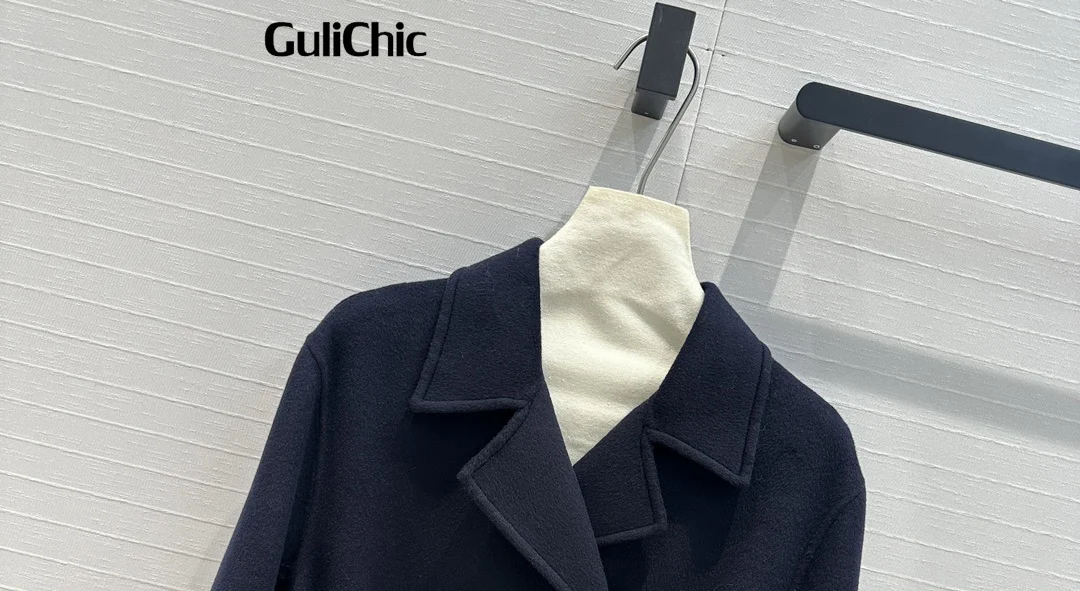 9.4 GuliChic Luxury Fashion Turn-down Collar Double Breasted Long Woolen Coat With Belt Slim Outerwear Women