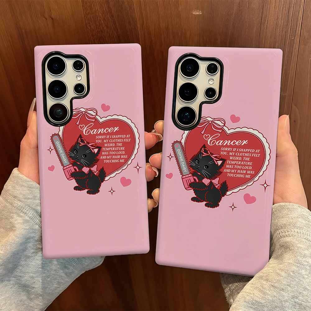 Black Cat Pink Lollipop For Samsung Galaxy Phone Case S23 S20 S25 FE S24 Plus S26 Ultra 2-IN-1 Shockproof Bumper Hard PC
