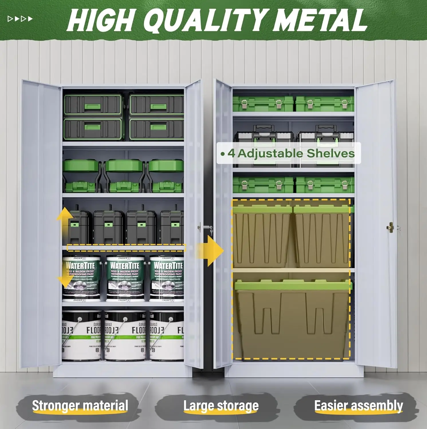 خزانة تخزين جراج معدنية مع أبواب وأرفف، خزانة تخزين جراج بقفل فولاذي بطول 72 بوصة، تخزين مكتبي معدني