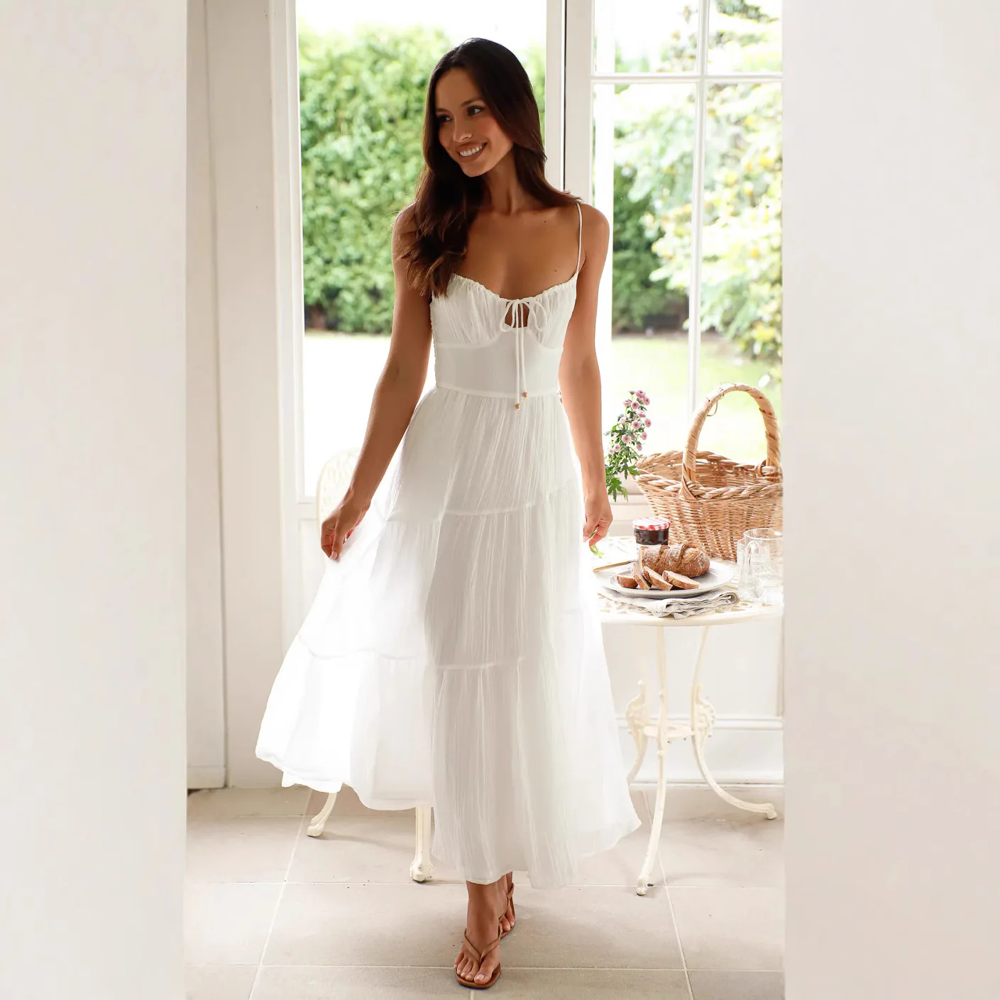 2025 Summer Women Flowy Long Dress Spaghetti Strap Cut Out Backless Ruffle A-line Dress Bohemian Party Holiday Casual Sundress