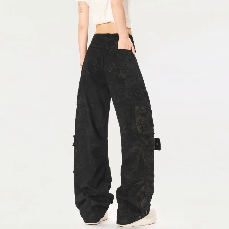 OR FL Aging 100 Cotton Women Cargo Trousers American Street Trendy Brand Slacks Women's Baggy Wide Leg Pants Waste Soil Y2k