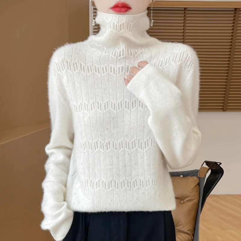 

Women's Pullover Autumn/Winter 100% Pure Wool Sweater Casual Solid Knitted Sweater Turtleneck Loose Tops Fashion Hollow Blouse