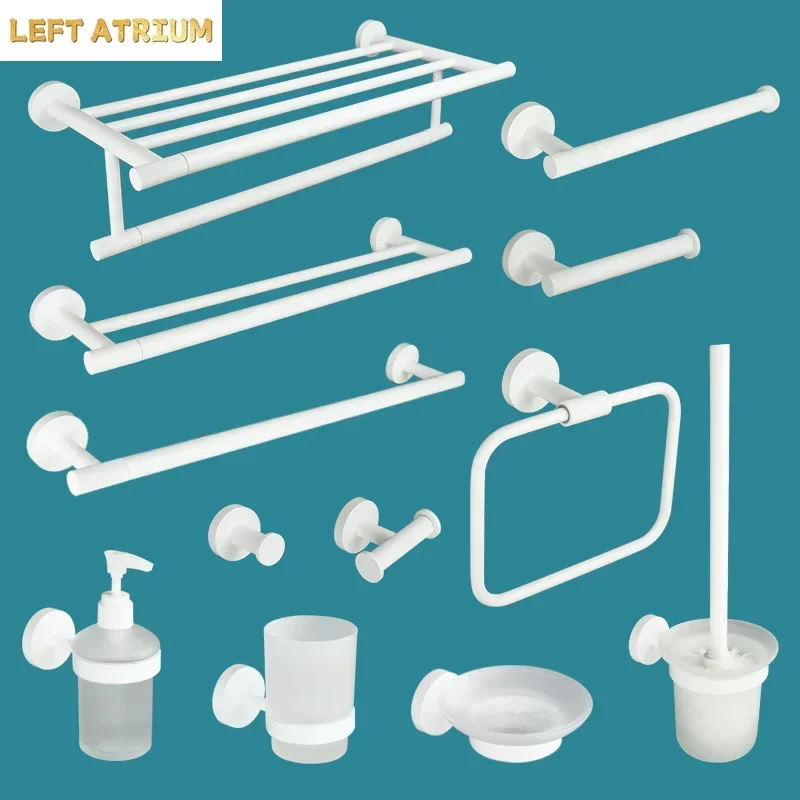 White Stainless Steel Towel Rack, Toilet Brush, Paper Roll Holder, Toothbrush Holder, Soap Tray, Coat Holder, Bathroom Kit