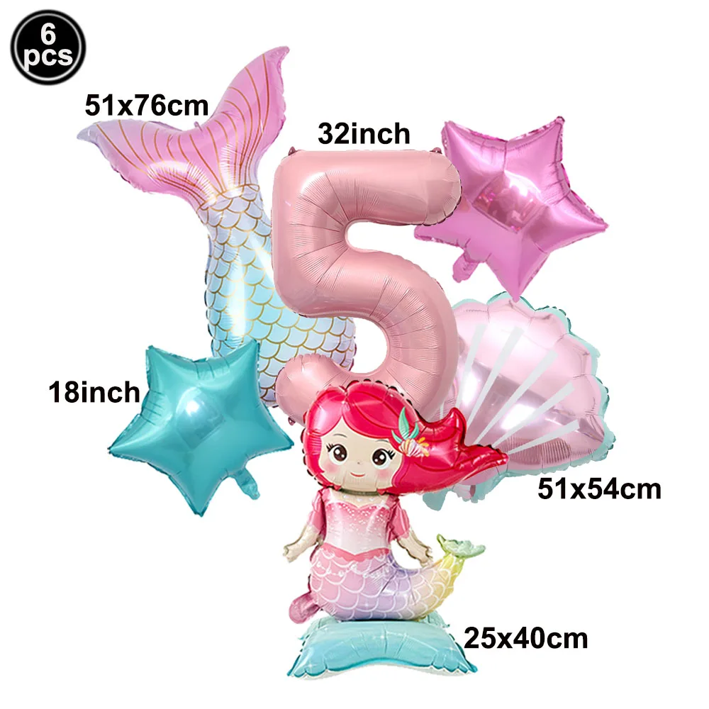 6pcs Mermaid Birthday Balloon Set 5th Birthday Party Decor Shell Little Mermaid Tail Balloon Girl Birthday Under The Sea Favors view 3