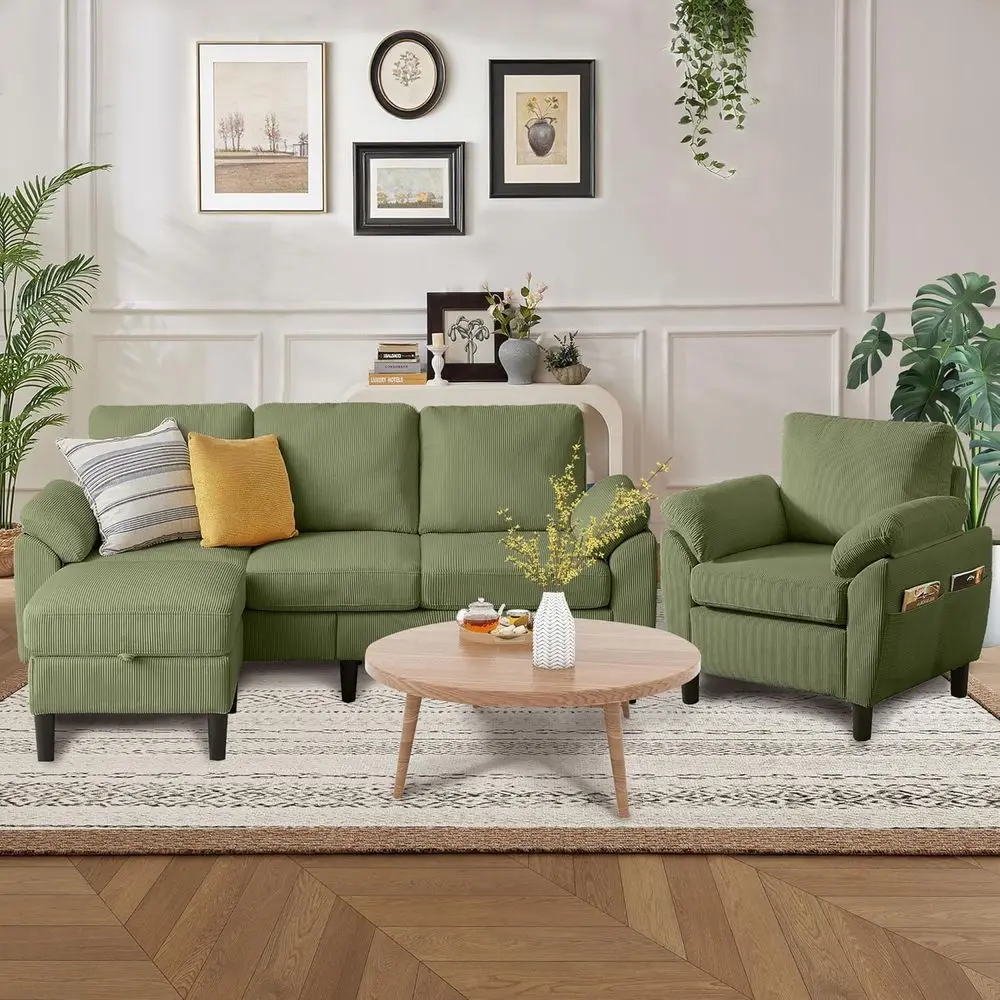 3 Pieces Corduroy Soa Set or Living Room with Soa, Storage Ottoman and Single Chair