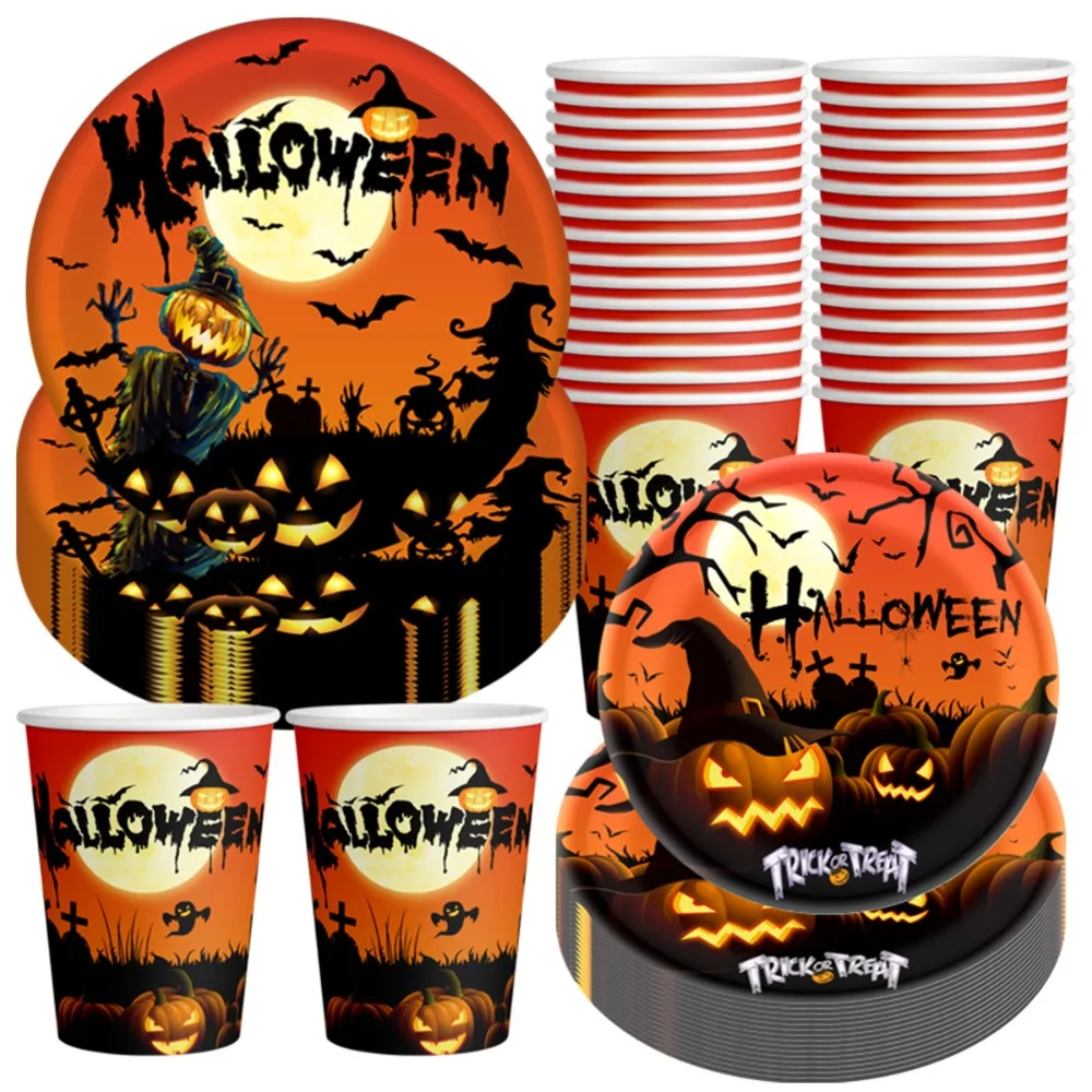 10pcs Simulation Halloween Disposable Tableware Cup Plate Pumpkin Bat Pumpkin Cup Paper Plate Set Disposable Paper