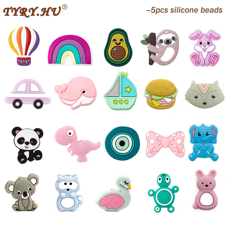 5Pcs Sloth Koala Silicone Beads Cartoon Rabbit Tortoise Rainbow Silicone Beads BPA Free Baby Pacifier Chain DIY Accessories