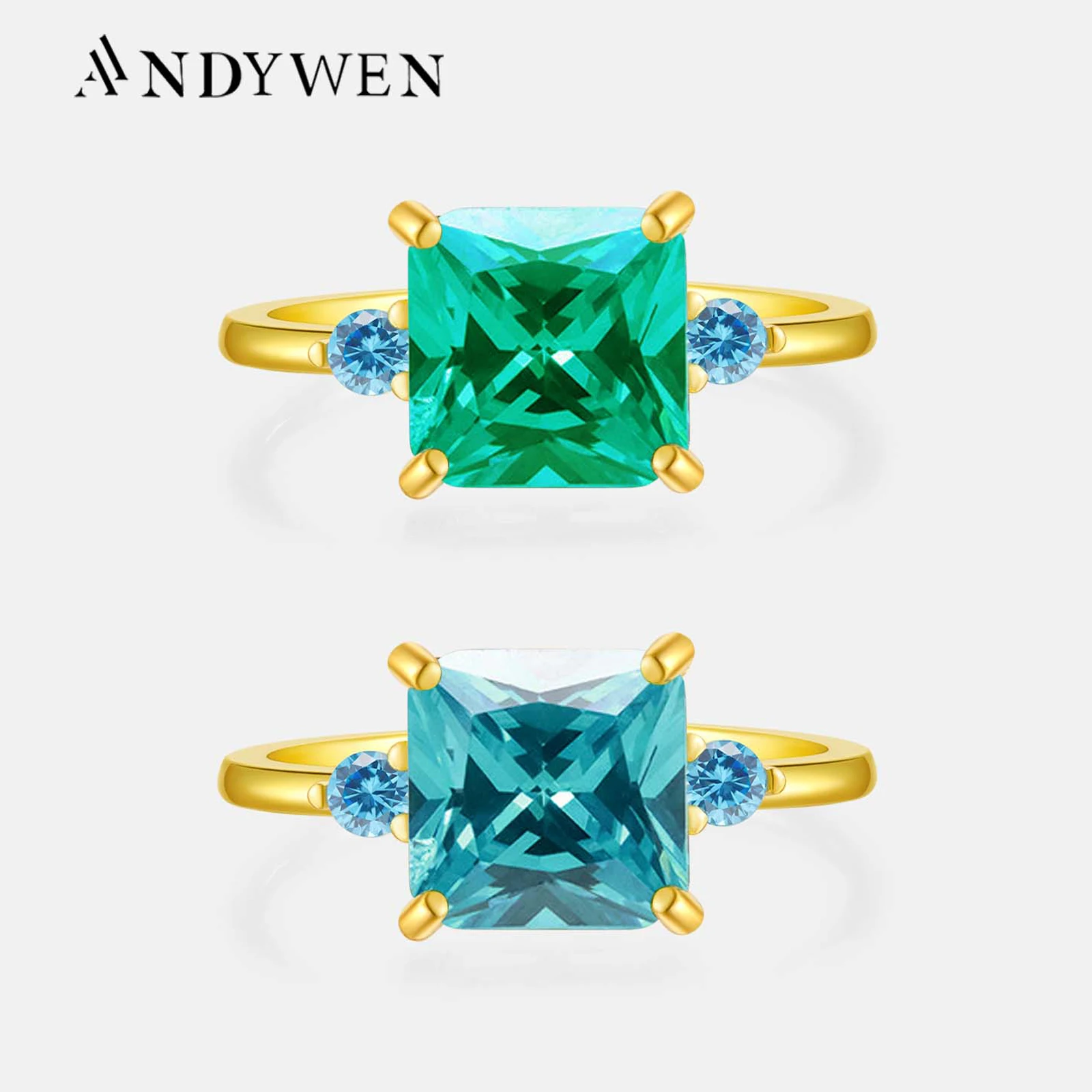 

ANDYWEN 925 Sterling Silver Gold Big Green 9mm CZ Zircon Ring Crystal Women Wedding Luxury Definite Luxury Fine Jewelry