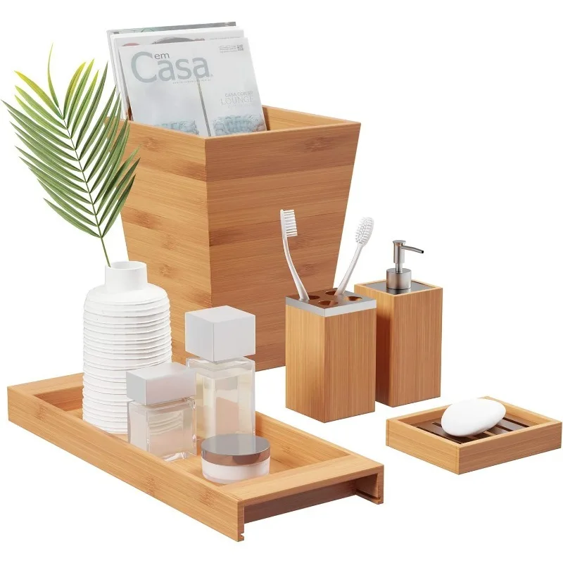 5-Piece Bathroom Decor Set - Bamboo Vanity Accessories with Trash Bin, Soap Dish, Soap Dispenser, Toothbrush Holder