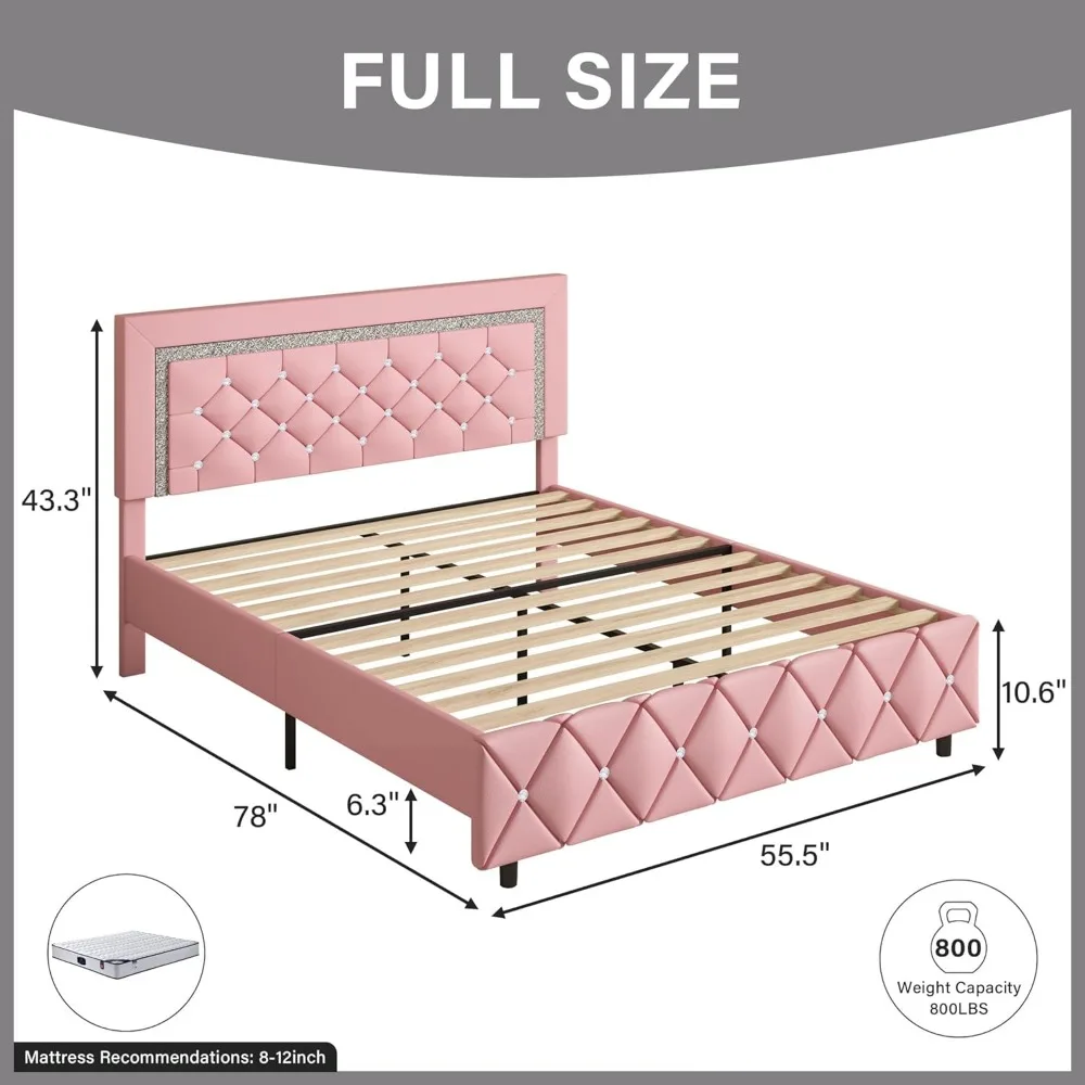 Full Size Bed Frame, Upholstered Platform Bed with Button Tufted Headboard - Princess Platform Bed with Crystal Design