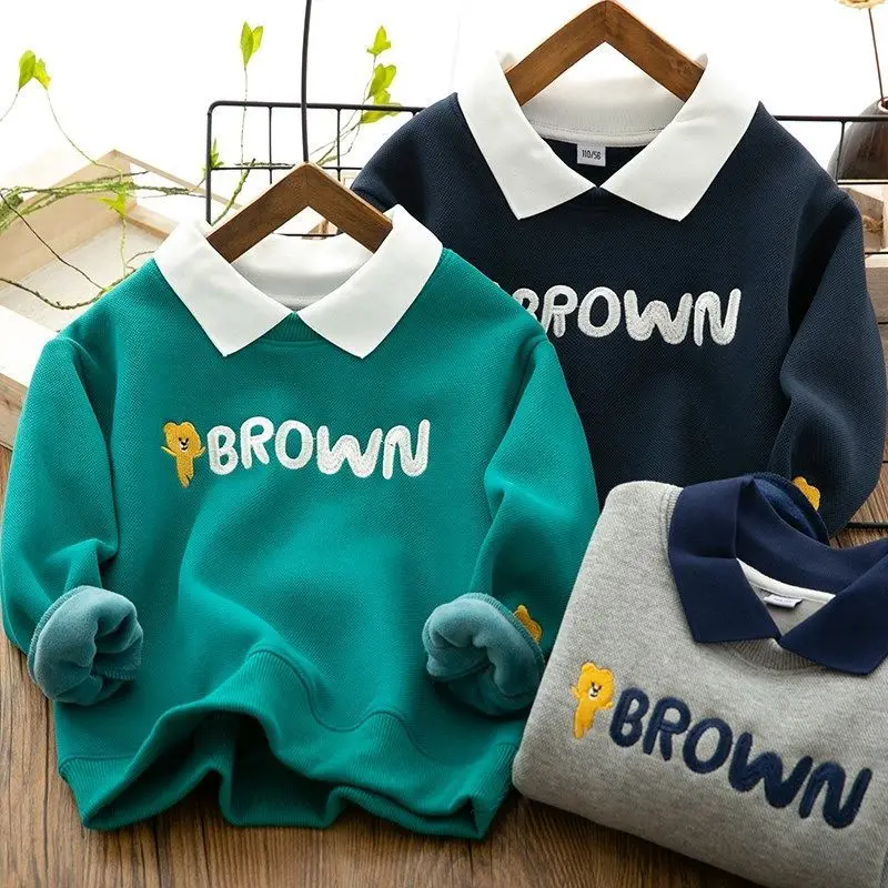 

Boys' Fleece-Lined Sweater Autumn and Winter Children's Casual Tops Polo Shirt Inner Wear Thickened Thermal Bottoming Shirt